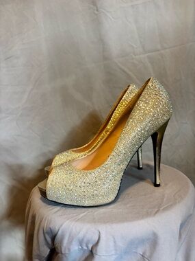 Camille La Vie Gold Crystal Peep-Toe Stiletto Heels